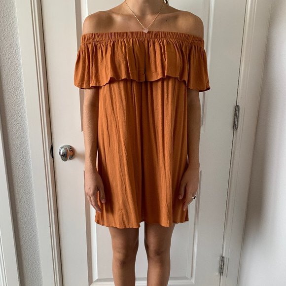 burnt orange off the shoulder dress